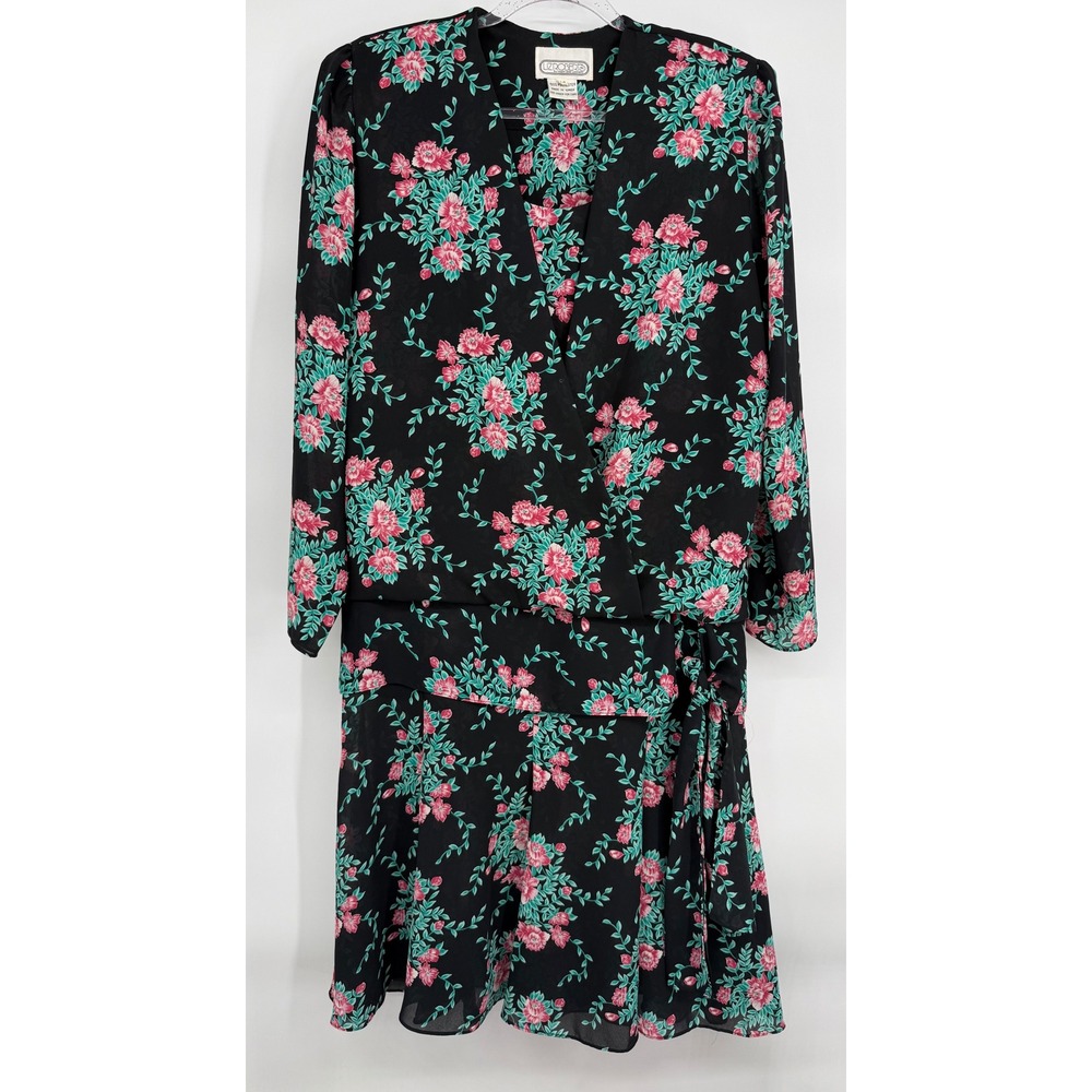 Liz Roberts Vintage Black Pink Floral Drop Waist Wrap Dress Long Sleeve Sz 14